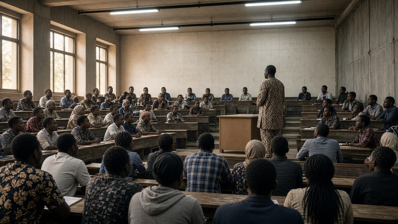 A lecturer addressing a filled lecture theatre